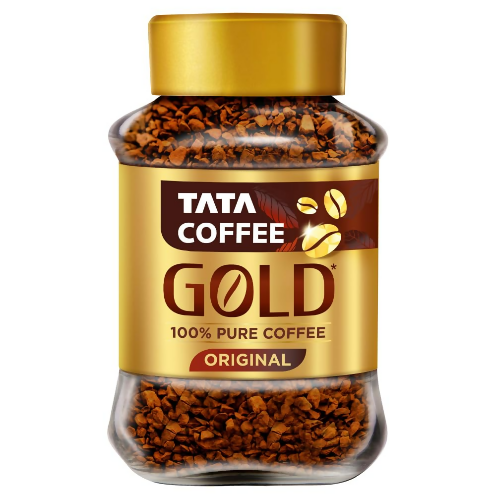 Tata Coffee Gold Original instant coffee jar with coffee powder, featuring a clear label and a metal lid.