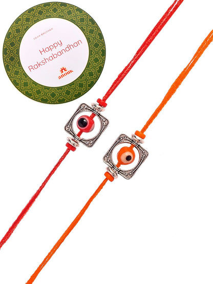 Anouk Silver Toned Set Of 2 Beaded Thread Rakhis With Roli Chawal & Greeting Card