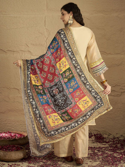 Indyancart VA Yoke Design Round Neck Straight Kurta With Palazzos And Dupatta