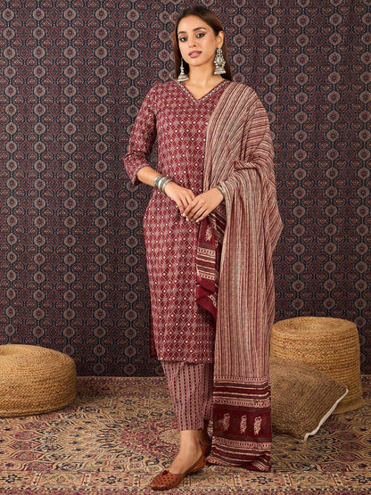 Ethnic Motifs Printed Sequinned Pure Cotton Kurta With Trousers & Dupatta