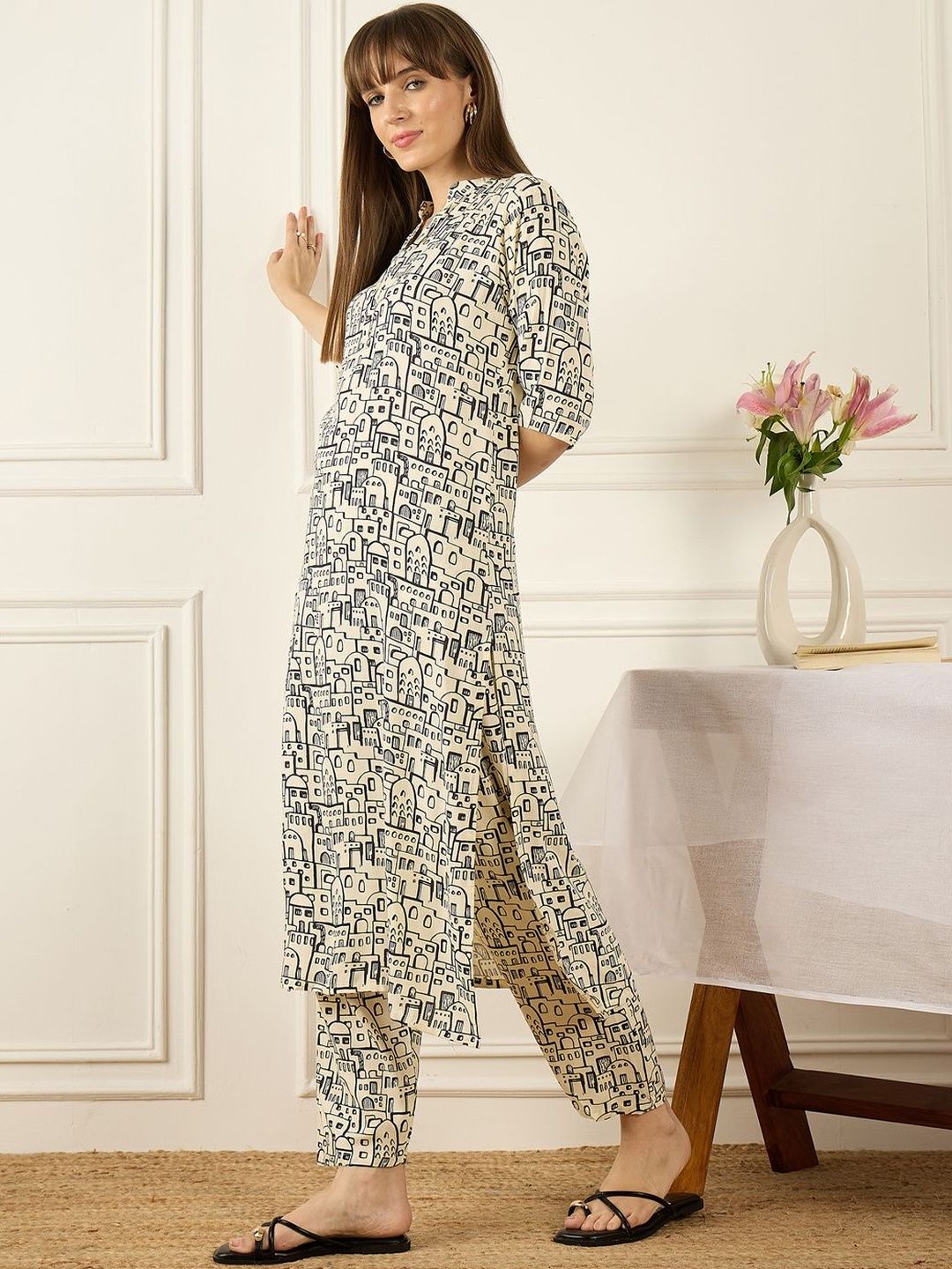 Floral Printed Thread Work Pure Cotton Kurta With Palazzos
