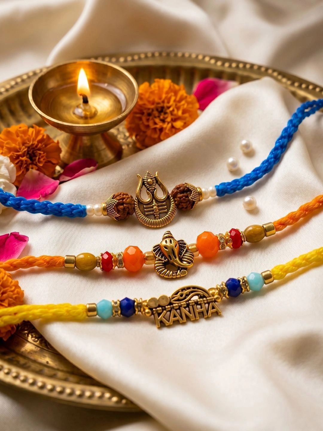 Anouk Set Of 3 Rudraksh Religious Rakhi Thread Rakhi Roli Chawal Chandan Mishri