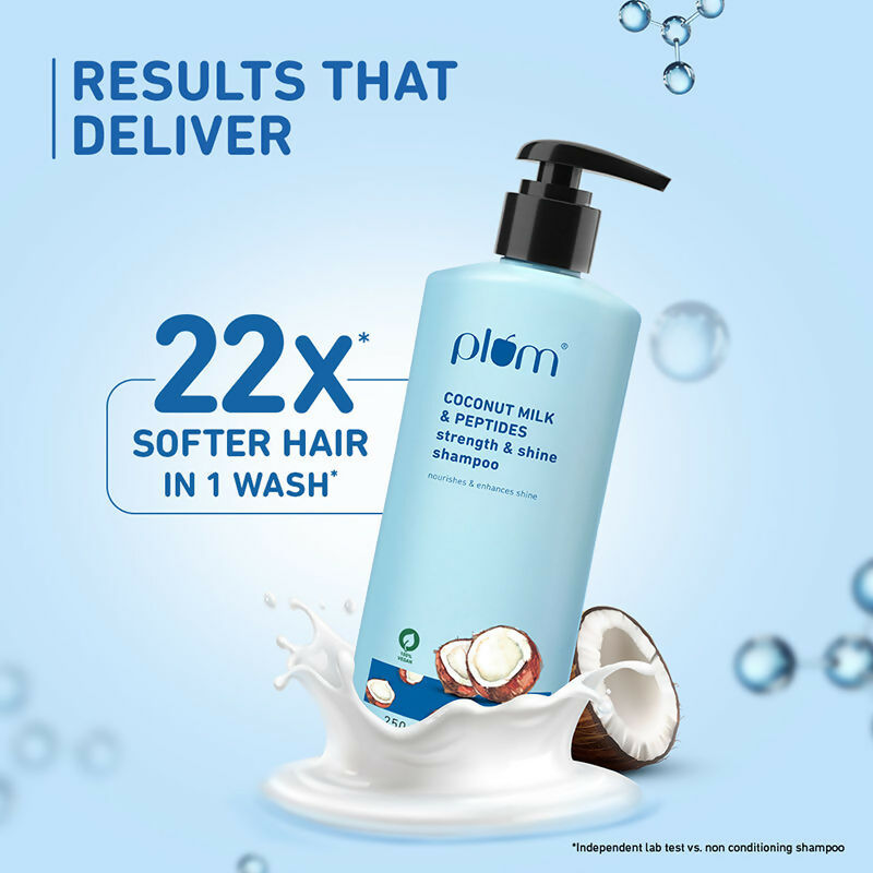Plum Coconut Milk and Peptides shampoo bottle, promoting soft, shiny hair with natural ingredients.