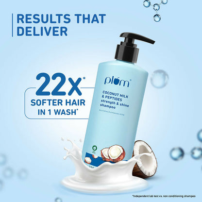 Plum Coconut Milk and Peptides shampoo bottle, promoting soft, shiny hair with natural ingredients.
