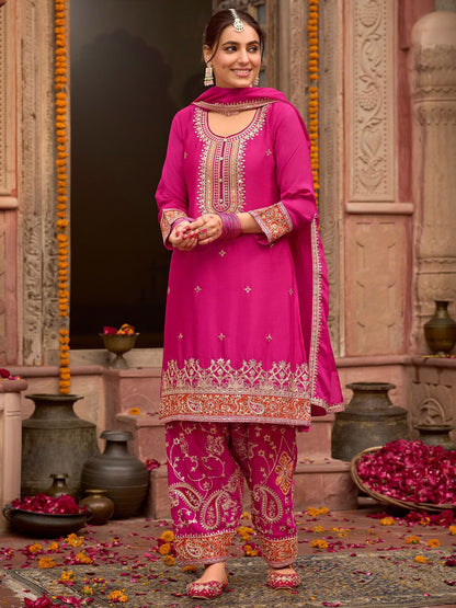 Dhiyona IE Sequinned Embroidered Round Neck Kurta With Palazzos & Dupatta