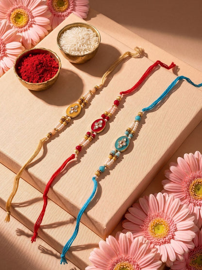 Anouk Set Of 3 Multicolor Artificial Beads & White Pearls Thread Rakhi With Roli Chawal