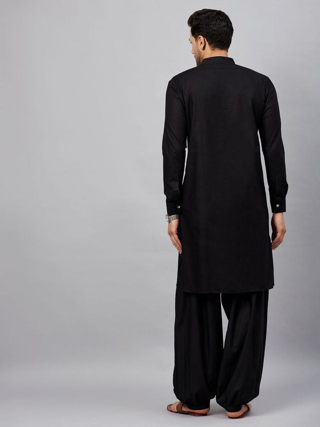 Men's Black Cotton Linen Pathani Pathani Kurta Set