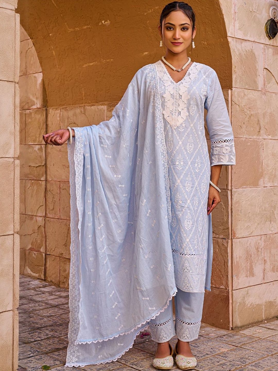 Women Ethnic Motifs Embroidered Cotton Kurta with Trousers & Dupatta