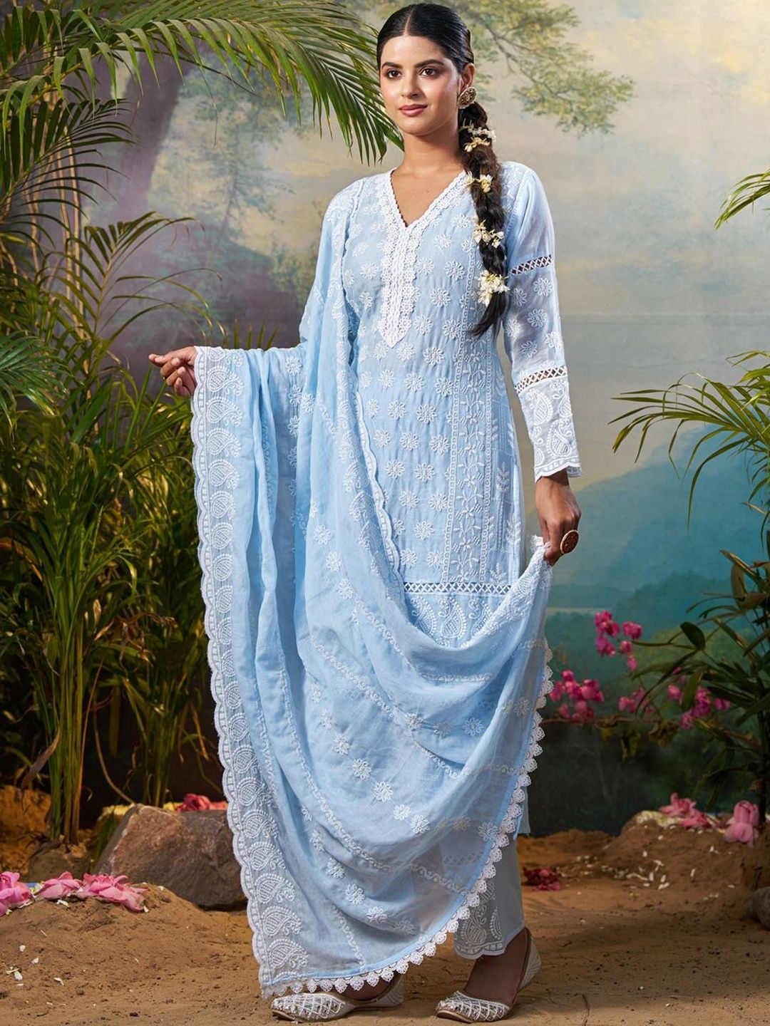 Women Ethnic Motifs Embroidered Regular Chikankari Pure Cotton Kurta with Trousers & With Dupatta