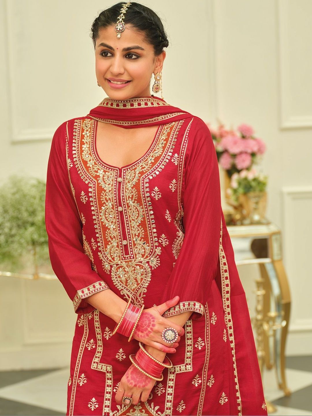 Indyancart IE Women Ethnic Motifs Embroidered Regular Kurta with Palazzos & With Dupatta