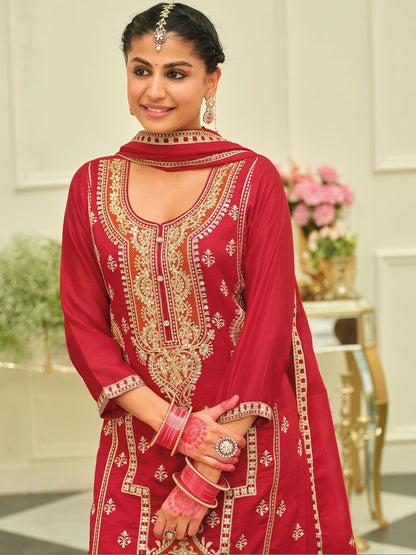Indyancart IE Women Ethnic Motifs Embroidered Regular Kurta with Palazzos & With Dupatta