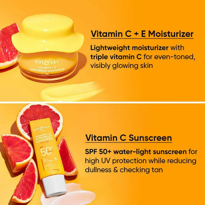 Dot & Key Vitamin C + E sunscreen in a tube, part of the skincare routine with cleanser, serum, and moisturizer components.