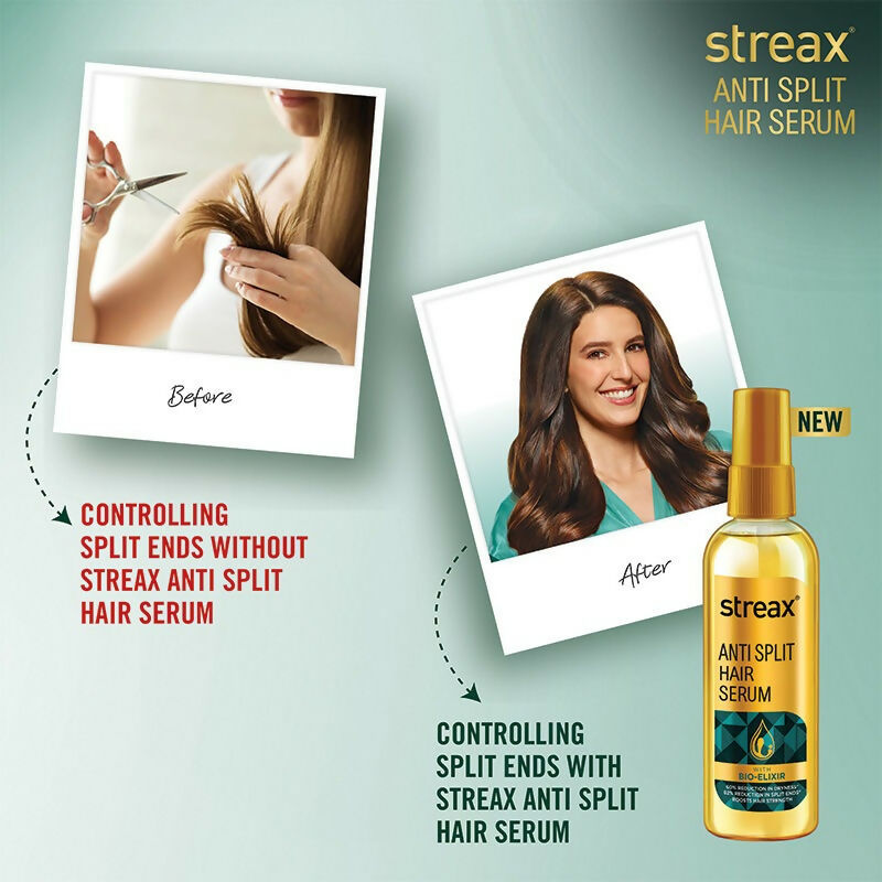 Streax Professional Anti Split Hair Serum with Bio-Elixir, showcasing a sleek bottle of hair serum on a clean background.