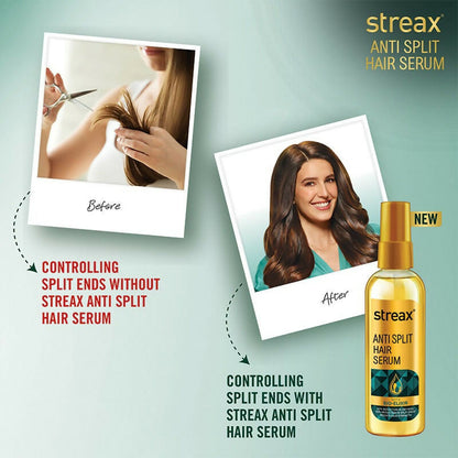 Streax Professional Anti Split Hair Serum with Bio-Elixir, showcasing a sleek bottle of hair serum on a clean background.