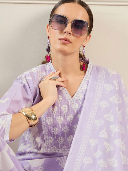 Indyancart IE Floral Printed V-Neck Pure Cotton Straight Kurta With Trousers & Dupatta