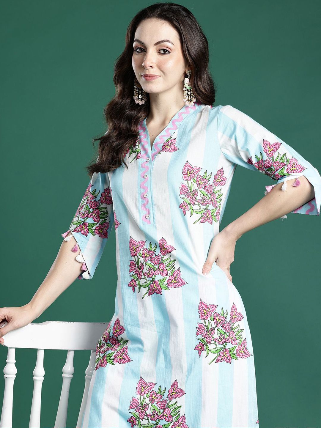 Indyancart IE Indo era Printed Pure Cotton V Neck Top With Trousers Co-Ords Set