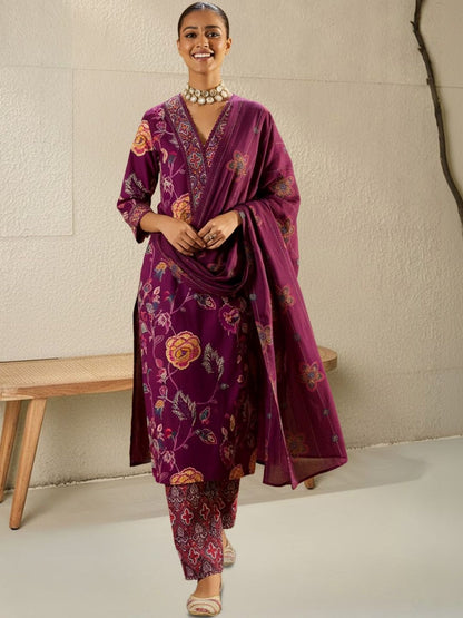 Women Floral Printed Regular Thread Work Pure Cotton Kurta with Trousers & With Dupatta