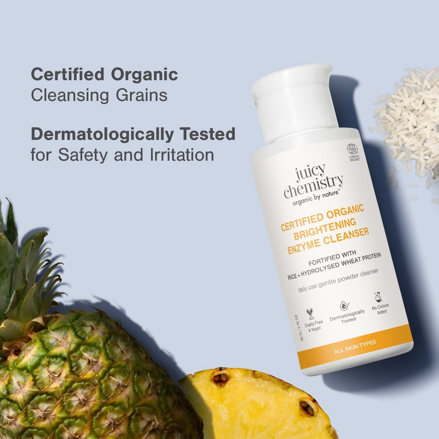Juicy Chemistry Certified Organic Brightening Enzyme Cleanser in a clear bottle with a pump dispenser, showing the product label.