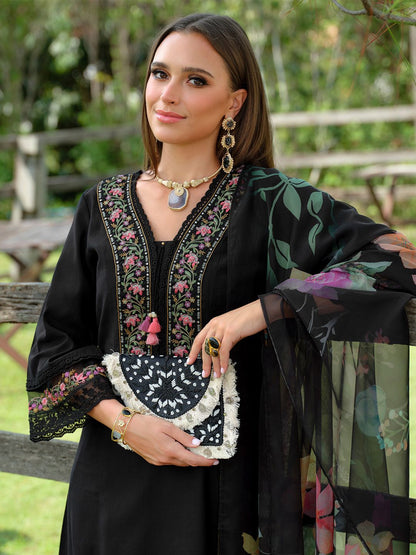 Floral Embroidered V-Neck Pure Cotton A-Line Kurta With Trousers & Dupatta