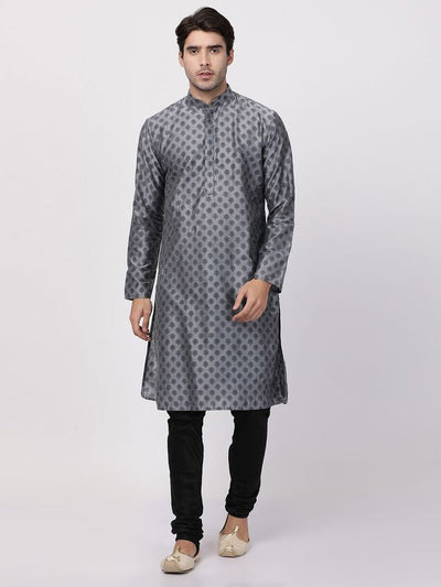 Men's Grey Cotton Blend Straight Kurta Pyjama Set