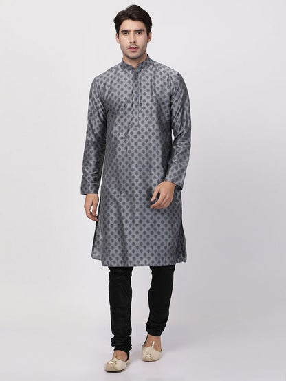 Men's Grey Cotton Blend Straight Kurta Pyjama Set