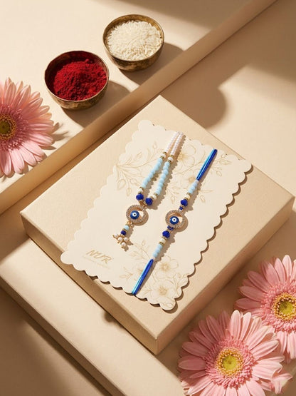 Anouk Set Of 2 Blue Evil Eye Gold Toned Beaded Bhaiya Bhabhi Rakhi