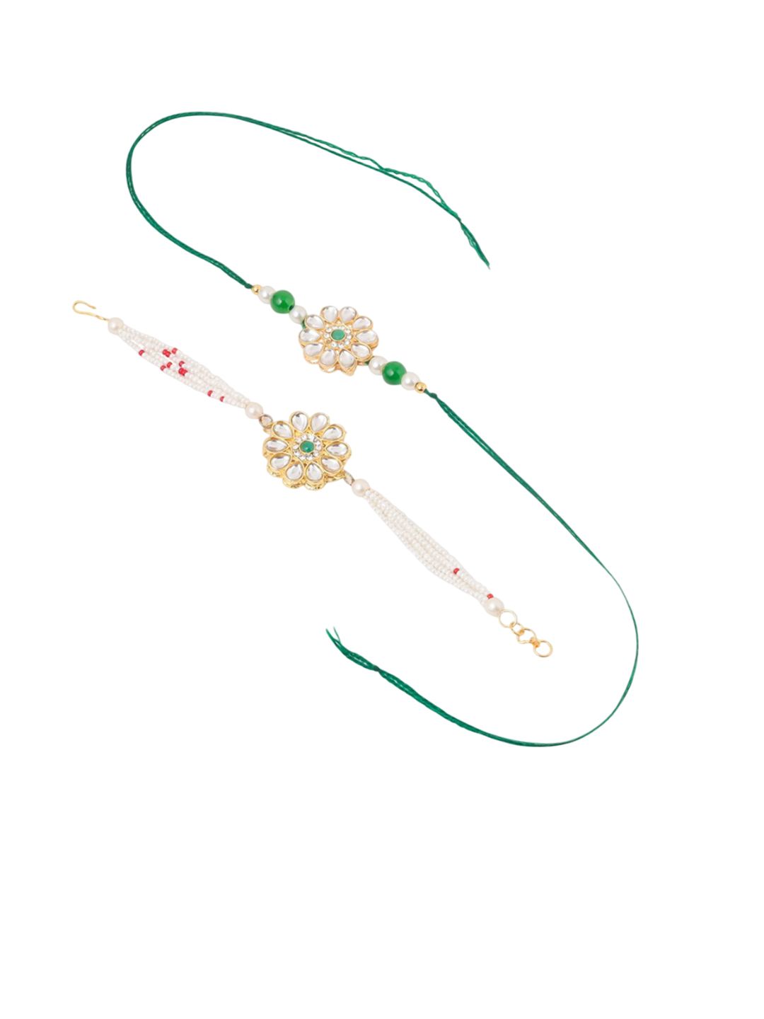 Anouk Set Of 2 Kundan Floral Design Gold Toned Bhaiya Bhabhi Rakhi Set With Roli Chawal