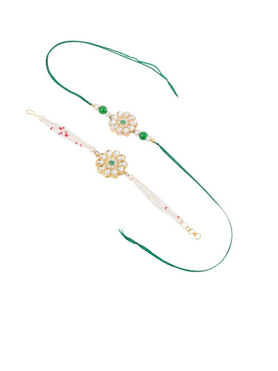 Indyancart Set Of 2 Kundan Floral Design Gold Toned Bhaiya Bhabhi Rakhi Set With Roli Chawal