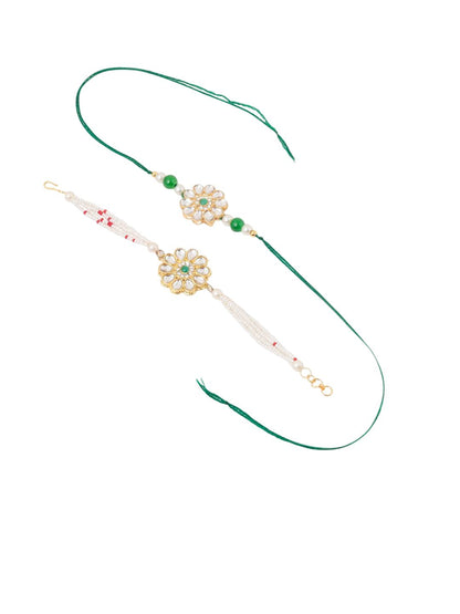 Anouk Set Of 2 Kundan Floral Design Gold Toned Bhaiya Bhabhi Rakhi Set With Roli Chawal