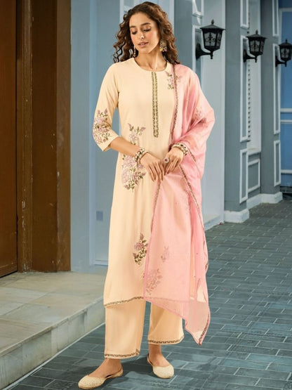 Women Floral Embroidered Regular Thread Work Kurta with Palazzos & With Dupatta