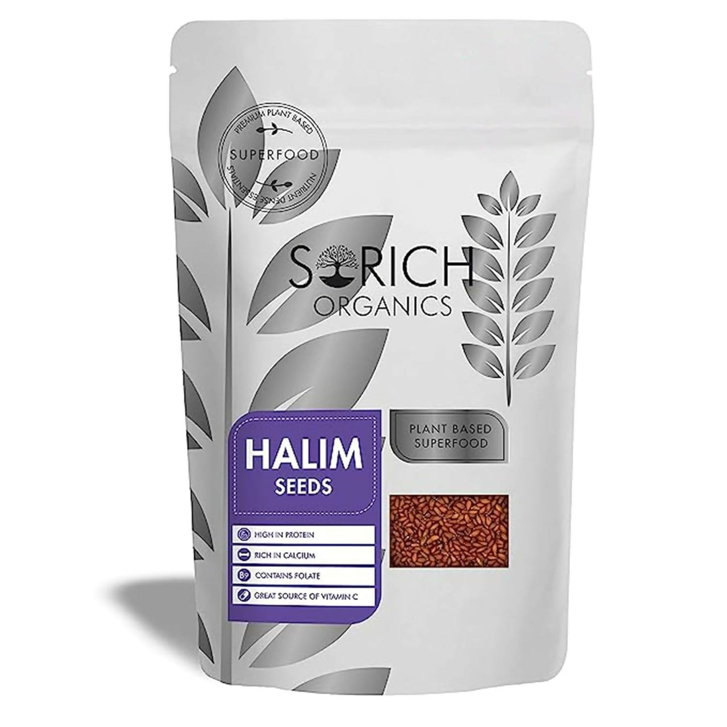 Sorich Organics raw halim seeds, also known as aliv seeds, displayed in a clear container on a white background.
