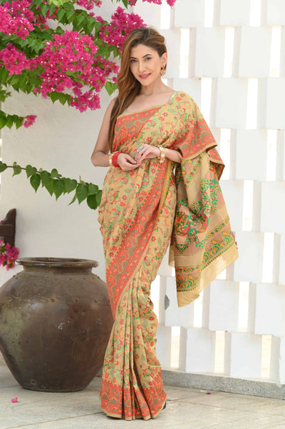 Indyancart GR Women's Yashodha Hazelnut Beige Jamewar Kashmiri Soft Modal Silk Saree