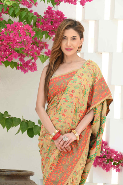 Indyancart GR Women's Yashodha Hazelnut Beige Jamewar Kashmiri Soft Modal Silk Saree