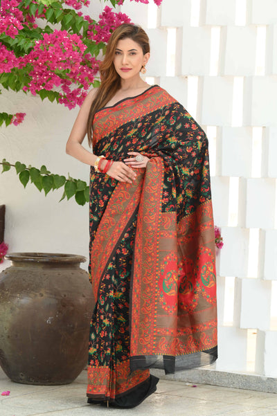 Indyancart GR Women's Yashodha Dramatic Black Jamewar Kashmiri Soft Modal Silk Saree