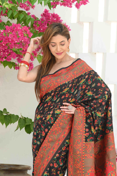 Indyancart GR Women's Yashodha Dramatic Black Jamewar Kashmiri Soft Modal Silk Saree