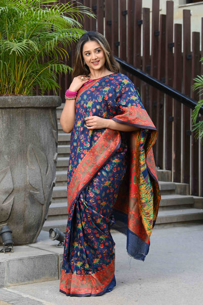 Indyancart GR Women's Yashodha Ink Blue Jamewar Kashmiri Soft Modal Silk Saree