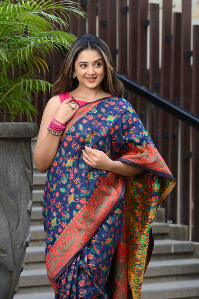 Indyancart GR Women's Yashodha Ink Blue Jamewar Kashmiri Soft Modal Silk Saree
