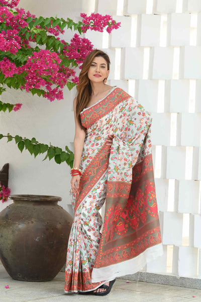 Indyancart GR Women's Yashodha Swan White Jamewar Kashmiri Soft Modal Silk Saree