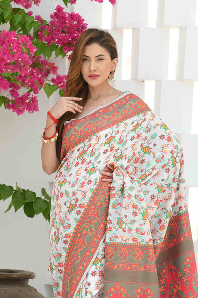 Indyancart GR Women's Yashodha Swan White Jamewar Kashmiri Soft Modal Silk Saree