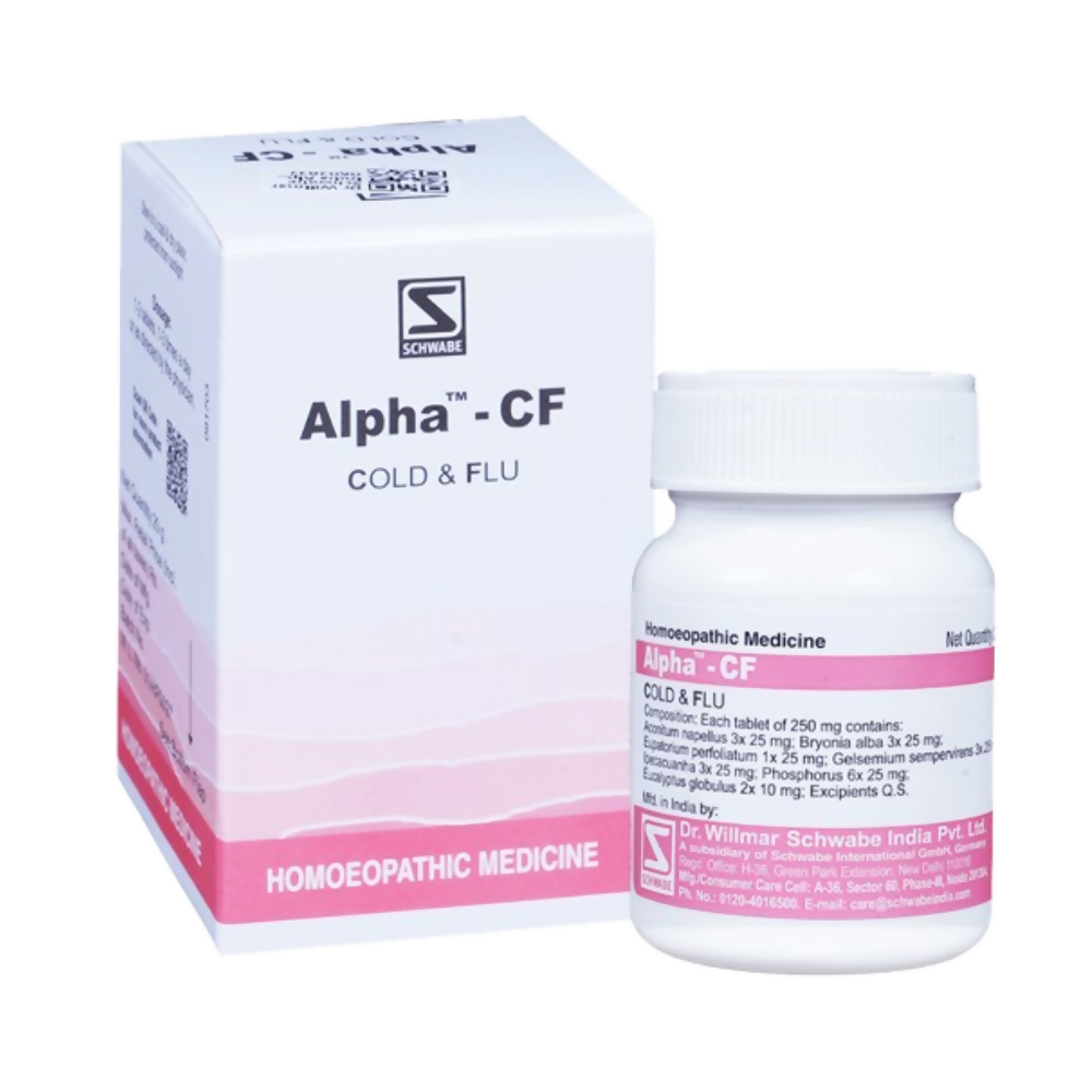 Homeopathy CF tablets by Dr. Willmar Schwabe India, showing a close-up of the packaging and tablets in a blister pack.