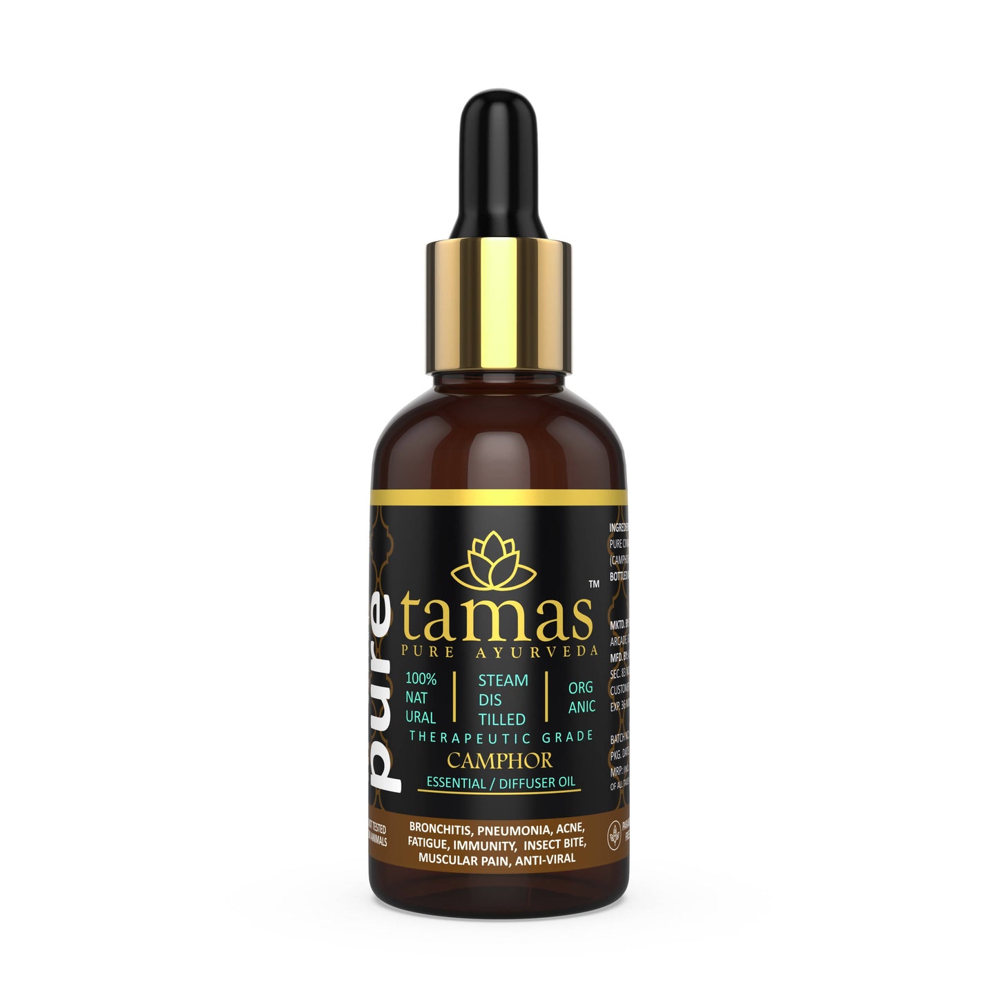 Tamas Ayurveda organic camphor essential oil dropper bottle, USDA certified for skin and personal care use.