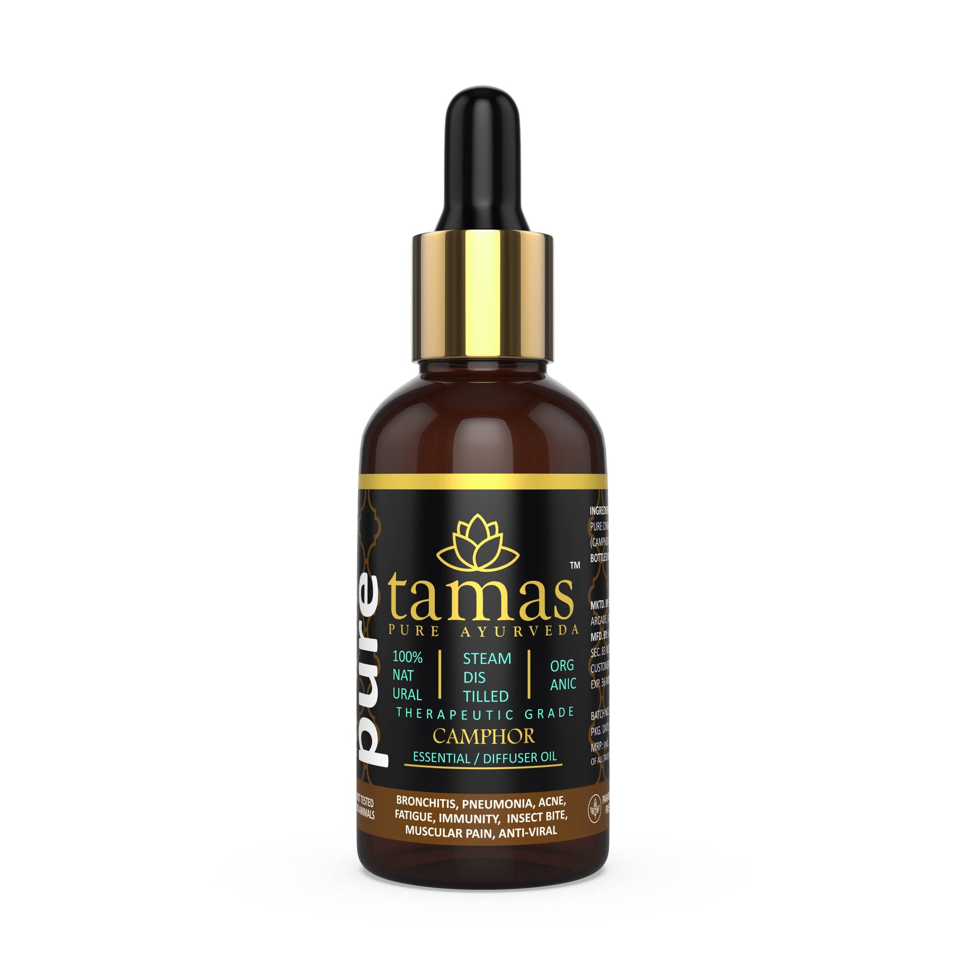 Tamas Ayurveda organic camphor essential oil dropper bottle, USDA certified for skin and personal care use.