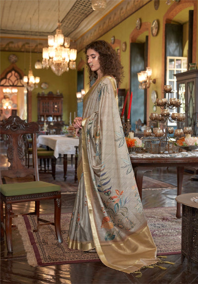 Indyancart GR Women's Mustard Gold Yellow & Grey Banarasi Digital Soft Silk Saree