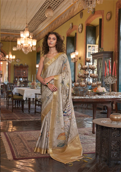 Indyancart GR Women's Mustard Gold Yellow & Grey Banarasi Digital Soft Silk Saree