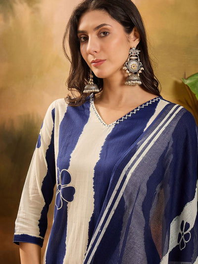 Indyancart SN Women's Floral Printed V-Neck Pure Cotton Straight Kurta With Trousers And Dupatta