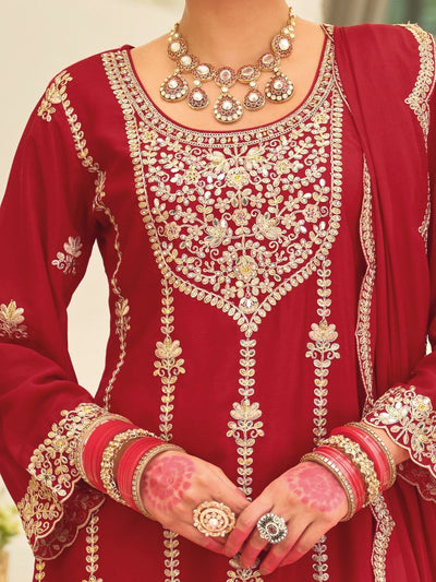 Indyancart IE Ethnic Motifs Embroidered Straight Kurta With Palazzos & Dupatta