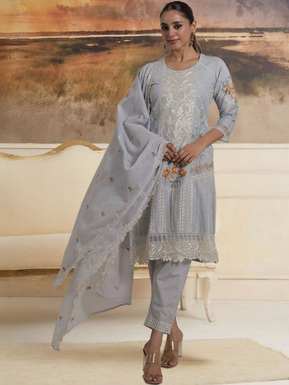Women Floral Embroidered Regular Thread Work Pure Cotton Kurta with Trousers & With Dupatta