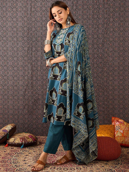 Women Ethnic Motifs Printed Straight Kurta Trousers With Dupatta set