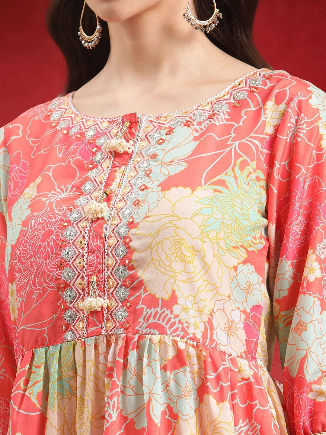 Indyancart VA Women Floral Printed Empire Mirror Work Kurta With Sharara & Dupatta
