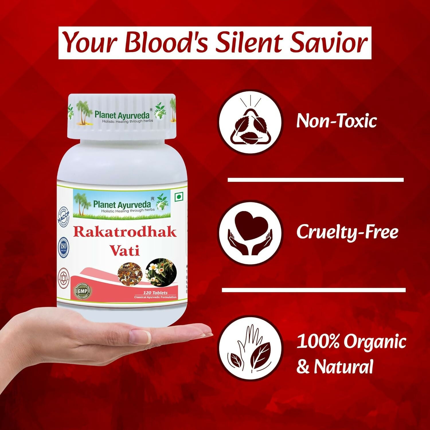 Planet Ayurveda Rakatrodhak Vati Ayurvedic tablets in a clear container with traditional packaging and herbal ingredients visible.